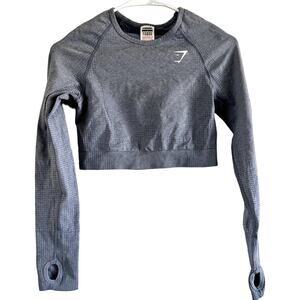 Gymshark Vital Seamless 2.0 Long Sleeve Crop Top Thumb Holes Smocked Blue Marl M